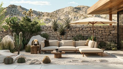 Fototapeta premium Serene outdoor décor in neutral tones with wood and stone elements. In front there is a light-colored sofa. with a small wooden table and a large umbrella on the right Behind it is a plain brick wall.
