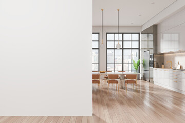 Modern kitchen with island and barstool, minimalist design, white blank wall on right, spacious background, home interior mockup. 3D Rendering