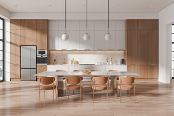 Home kitchen interior with eating table and chairs, cooking cabinet and window
