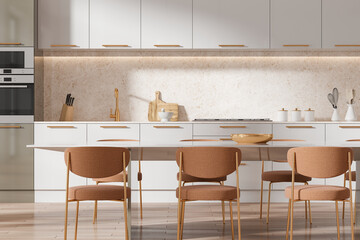 White modern home kitchen interior with eating table and chairs, cooking cabinet