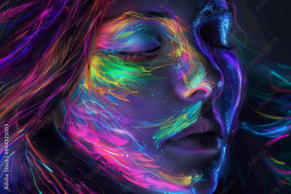 Aufkleber Abstract digital art with colorful light threads twisting against a dark gradient background
