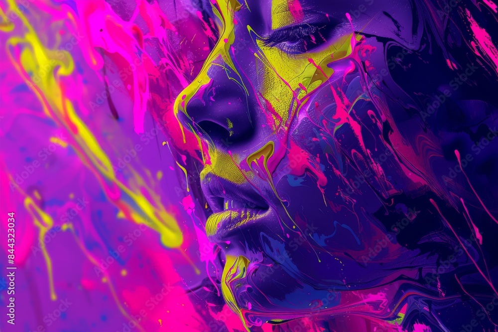 Poster an abstract composition with swirling patterns of vivid pink and purple paint, creating a dynamic an