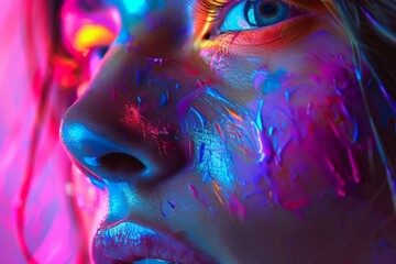Detailed macro shot of a woman's face with neon paint highlighting facial features