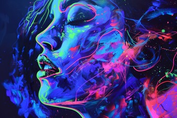 An electrifying neon graffiti artwork depicting a woman's face with expressive lines and bursts of color