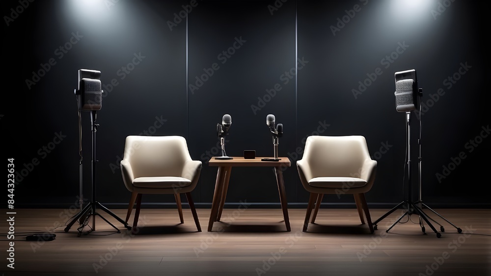 Poster create a wide banner showcasing a podcast or interview room setup with two chairs and microphones, i