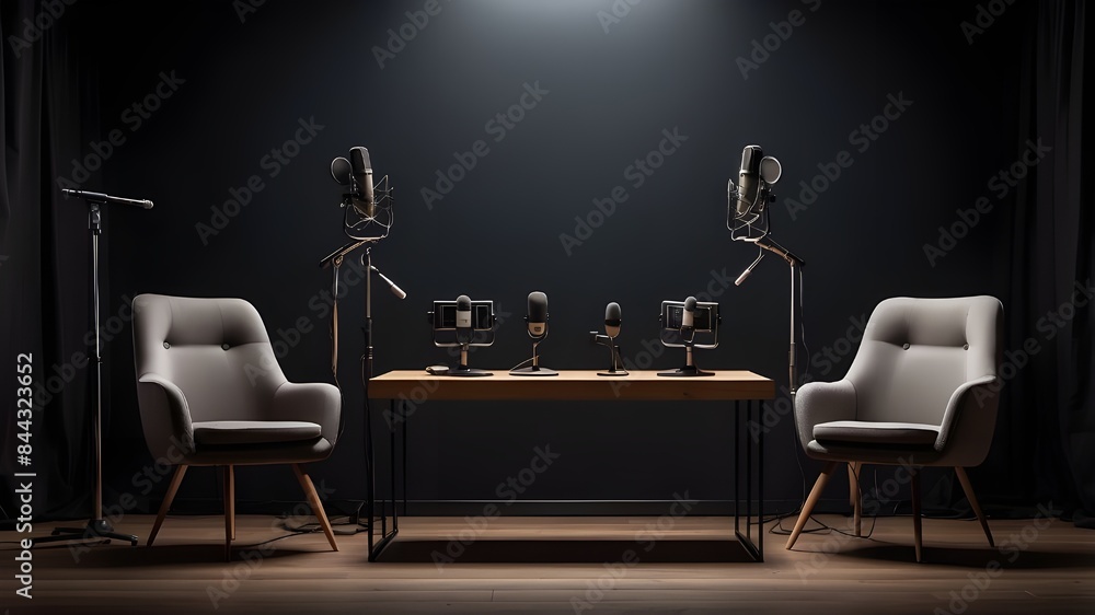 Aufkleber create a wide banner showcasing a podcast or interview room setup with two chairs and microphones, i