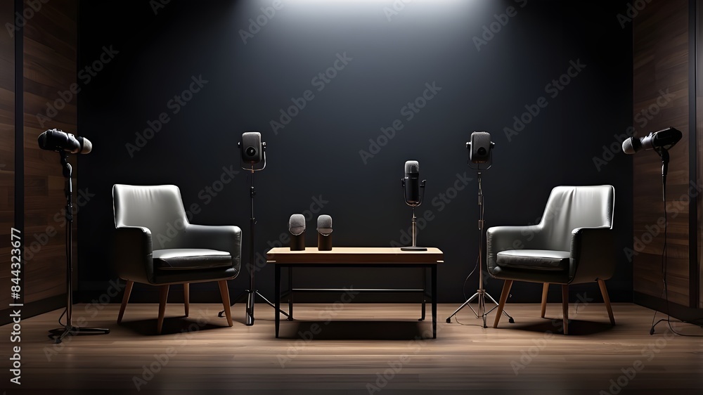 Aufkleber create a wide banner showcasing a podcast or interview room setup with two chairs and microphones, i