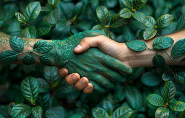 Environment protection concept. Two handshake one human and green hand with leaves symbolizing nature. 