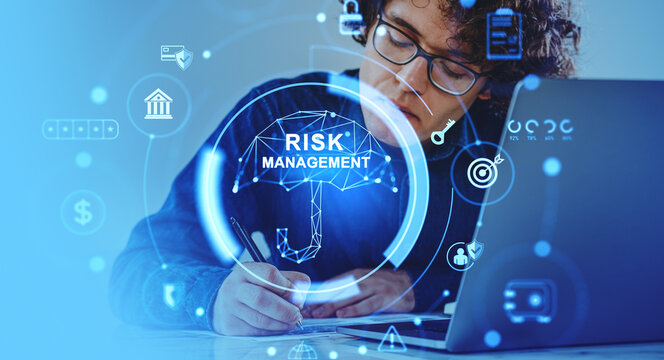 Man taking notes, risk management hologram with safety icons