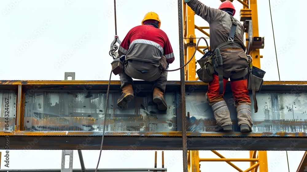 Aufkleber construction workers installing steel beams for building structure using cranes and welding