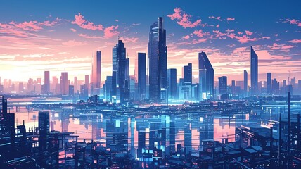 Fototapeta premium Futuristic city skyline showcasing towering skyscrapers with a stunning sunset and reflective water surfaces, blending technology with nature.
