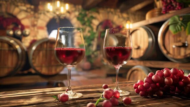 Two wine glasses with red wine on a wooden table in a vintage winery interior
