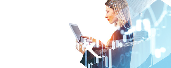 Woman using a tablet with overlay of financial charts and graphs