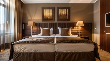 Contemporary Hotel Bedroom Interior Featuring Brown Colored Bed
