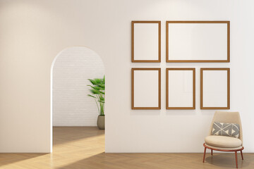 3d render of frames mockup with armchair and interior design arched wall opening. Wood parquet and white wall background. Set 4