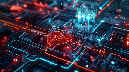 Abstract digital illustration of a heart beating on a circuit board, representing the connection between technology and health.
