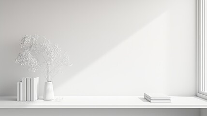 Minimalist white room with sunlight, books, and a vase on a clean, uncluttered shelf, creating a serene, modern interior design aesthetic.