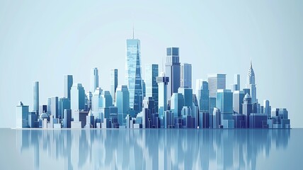 Modern city skyline with tall buildings and skyscrapers reflected in water, showcasing urban architecture and cityscape beauty.