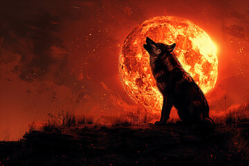 Lone Wolf Howling at the red Moon, Wallpaper Background with Majestic Wildlife (generative AI)