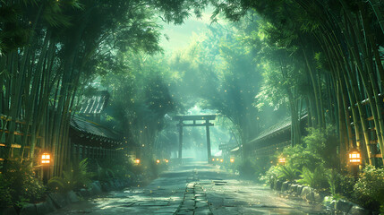 Naklejka premium view of bamboo trees at night