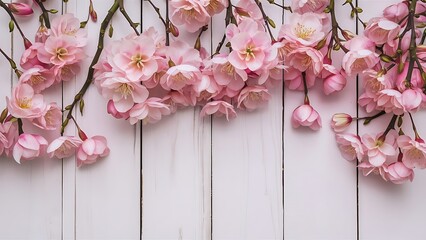 Spring blossom on white wooden plank background pink blooming apricot flowers