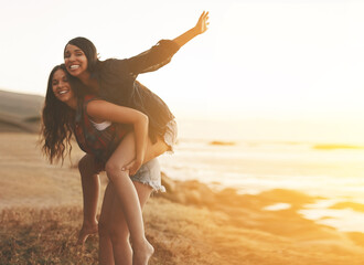 Piggyback, ocean and portrait of women for holiday, summer vacation and bonding on weekend. Travel, nature and happy people by beach for adventure, fun and relax together by sea for friendship