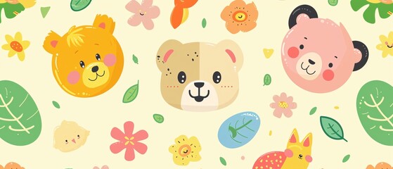 A cartoonish scene of three bears and various animals, including a bird, a cat