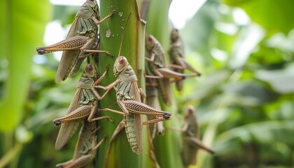 Fototapeta premium Image of the AI ​​generator of Patanga Grasshopper. eating leaves In rural farms, economic animals are commonly raised by farmers. It is a high protein food.