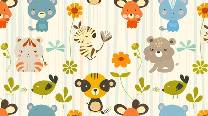 A colorful pattern of animals and flowers