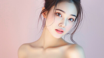 Fototapeta premium Asian female model posing in front of a uniform pastel pink background