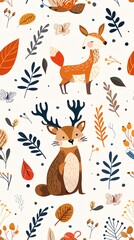 A colorful and whimsical drawing of a forest scene with a fox and a deer