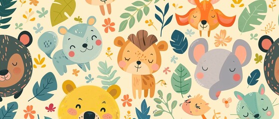 A cartoon drawing of animals with a leafy background