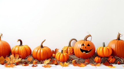 Halloween Themed Pumpkin Arrangement With Autumn Leaves On Hay