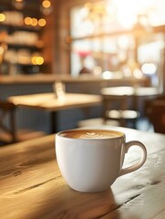 close-up view of a white cup of coffee with latte art on a wooden table, set in a warmly lit café environment. The background is softly blurred, highlighting the cozy atmosphere and ambient lighting o