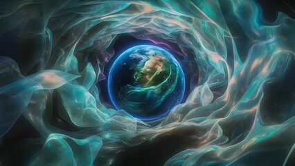 A dreamlike scene where the Earth is enveloped in a swirling mass of colorful energy representing the ozone layer - Generative AI