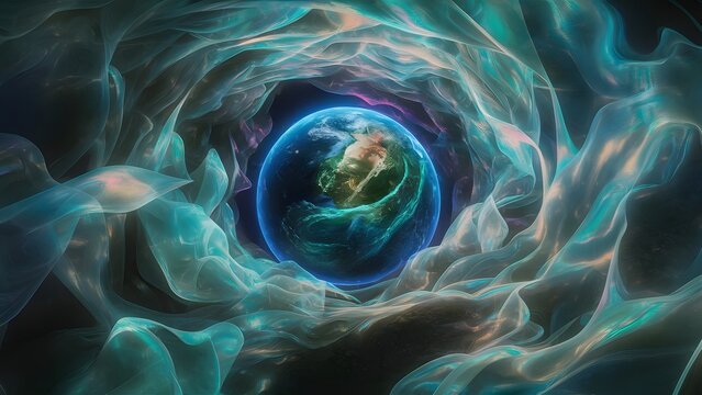 A dreamlike scene where the Earth is enveloped in a swirling mass of colorful energy representing the ozone layer - Generative AI