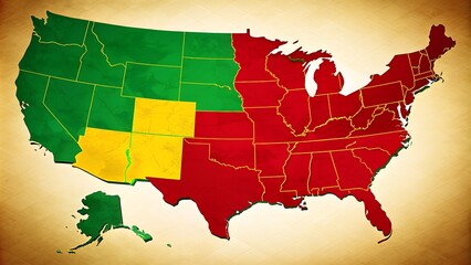 Obraz premium A map of the United States, highlighting the states that celebrated Juneteenth first, colored in red, yellow, and green. 