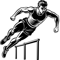 Male athlete-runner at the moment of jumping over an obstacle         