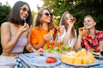 Group of young happy friends having picnic outdoors. People having fun and celebrating while...