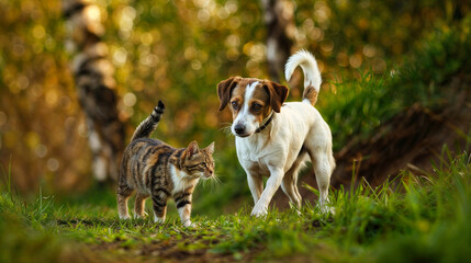 Obraz premium A jack russell terrier dog and a cat walking together through a forest