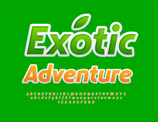 Vector eco template Exotic Adventure. Bright sticker Font. Decorative Alphabet Letters and Numbers set.