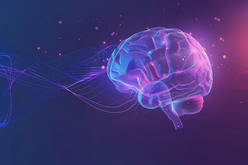 A transparent brain on a purple-blue background with abstract lines, representing intelligence, creativity, and modern technology