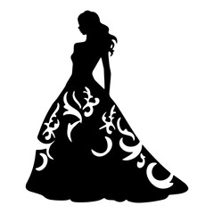 A silhouette of a woman wearing an elegant, flowing dress with intricate patterns © tinybrushcreations