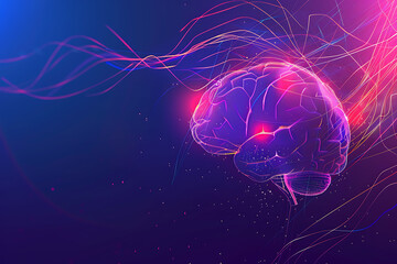 A transparent brain on a purple-blue background with abstract lines, representing intelligence, creativity, and modern technology