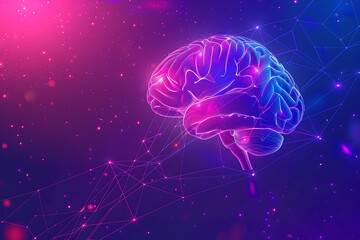 A transparent brain on a purple-blue background with abstract lines, representing intelligence, creativity, and modern technology