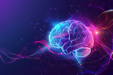 A transparent brain on a purple-blue background with abstract lines, representing intelligence, creativity, and modern technology