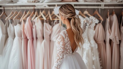 A woman in a lace dress browses through wedding gowns on a rack, smiling and exuding elegance and joy in a bridal boutique. The concept is wedding shopping and bridal fashion.