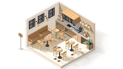 Charming Isometric Design of Cozy Miniature Caf with Tables,Chairs and Coffee Cups on White