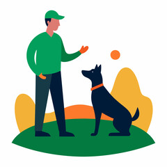 A dog trainer instructing a dog on a field vector