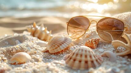Sunglasses and seashells on a towel, warm and bright, copy space
